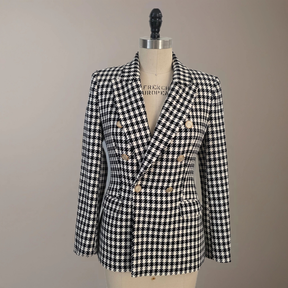 Classic Houndstooth Double-Breasted Women's Blazer - Black & White